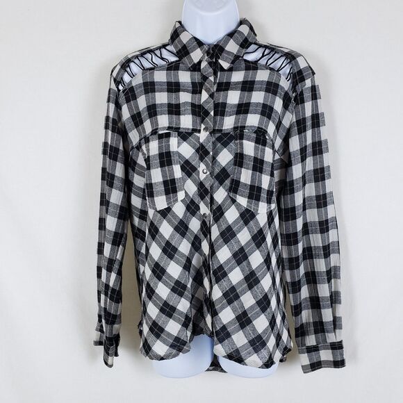 Free People Boho Western Plaid Shirt Womens XS Plaid Grunge Lace-Up Cut-Out - Picture 11 of 12